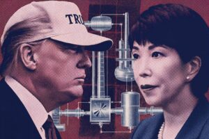 Portraits of Japanese and U.S. political leaders overlaid with rare earth refining schematics, symbolizing regulatory alignment and geopolitical negotiation.