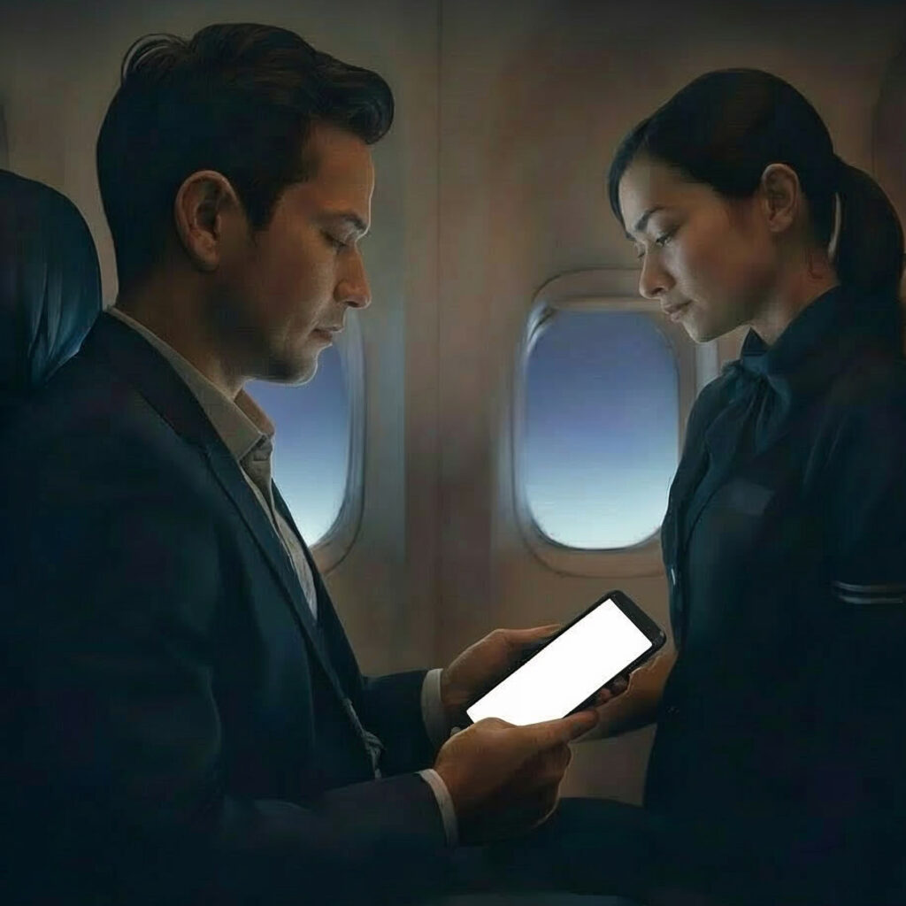 Flight attendant standing next to a seated passenger viewing screen content mid-flight, depicting unavoidable visual exposure in confined service labor contexts.