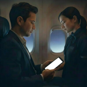 Flight attendant standing next to a seated passenger viewing screen content mid-flight, depicting unavoidable visual exposure in confined service labor contexts.