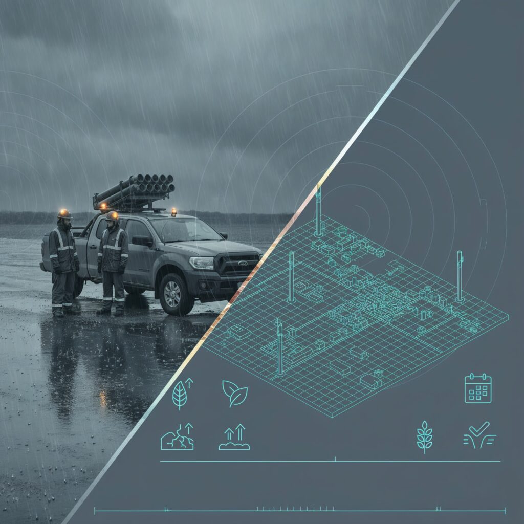 Cloud seeding personnel and vehicle-mounted launch system during rainfall, juxtaposed with a schematic model of weather infrastructure deployment.