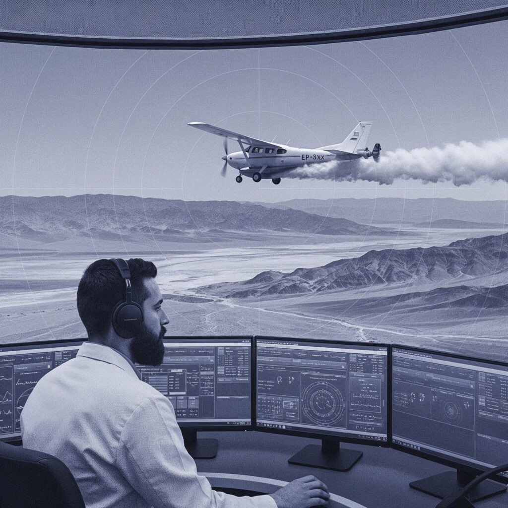 Weather control operator at a multi-screen station monitors a cloud seeding aircraft in flight over arid terrain, illustrating Iran’s technical approach to artificial rainfall.