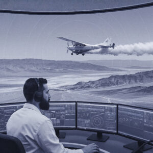 Weather control operator at a multi-screen station monitors a cloud seeding aircraft in flight over arid terrain, illustrating Iran’s technical approach to artificial rainfall.