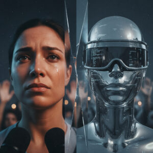 Split-screen image of a crying woman and a robotic figure, symbolizing the tension between personal narratives and systemic automation in risk governance.