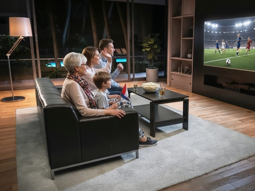 A family gathered in a living room watching a sports event together. Captures the structure of co-viewing and domestic contact with sports.
