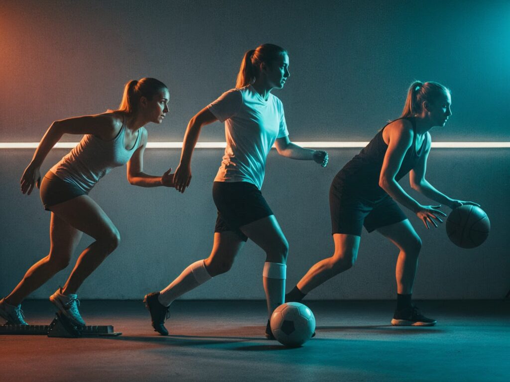 A composition of female athletes engaged in different sports under low light. A visual metaphor for the diversity and physicality of women’s sports.