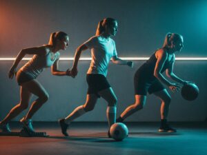 A composition of female athletes engaged in different sports under low light. A visual metaphor for the diversity and physicality of women’s sports.