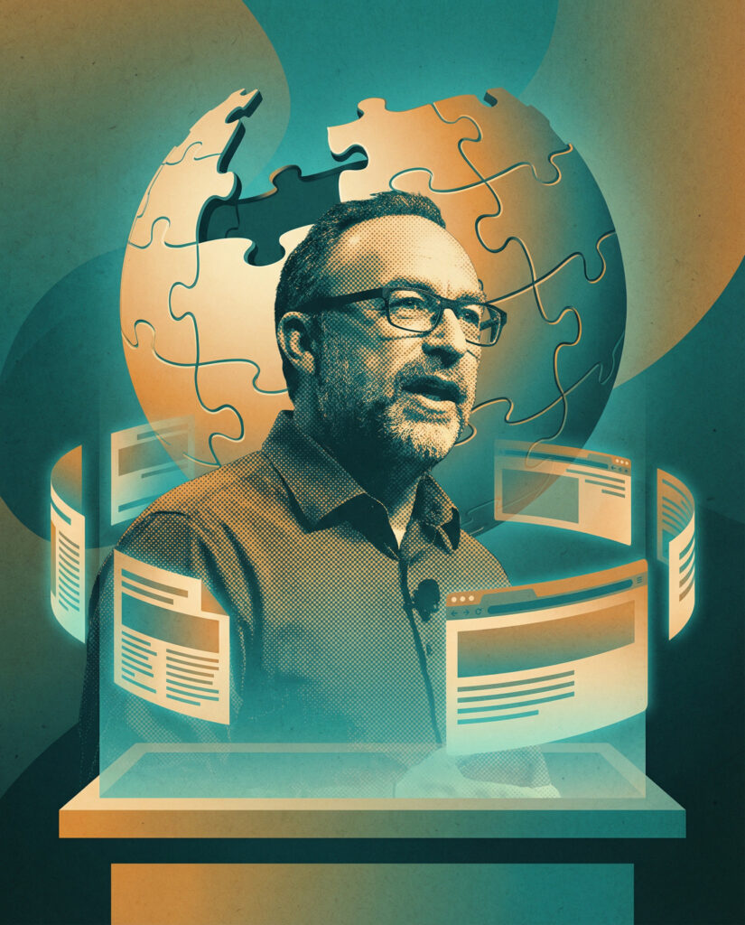 A portrait of an online-encyclopedia founder with a puzzle-globe motif, representing Wikipedia’s community editing and enterprise distribution channels.
