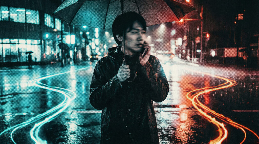 雨の交差点で傘を差した通報者が電話する場面。110番か119番かの選択に迷いが生じる状況の比喩