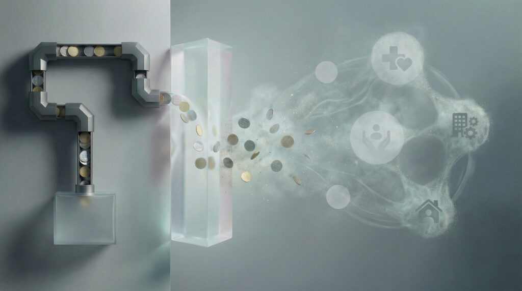 コインが配管から拡散し医療・介護・住宅など社会的費用のアイコンへ流れるイメージ