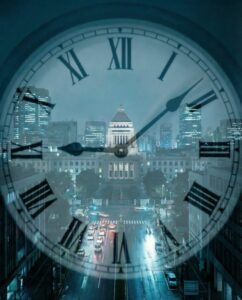 国会議事堂の夜景に重なる巨大な時計。期限を曖昧にする制度設計と改革のタイムラインの遅れを象徴