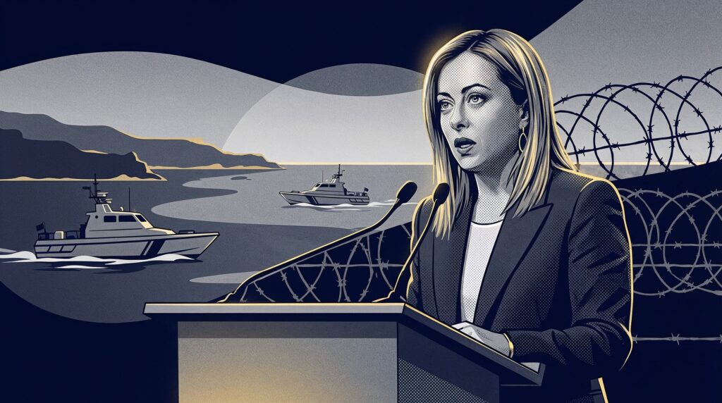 演台で演説する女性政治家のイラスト。海上警備艇と鉄条網が描かれ、欧州の国境管理と移民政策の可視化をテーマ化。