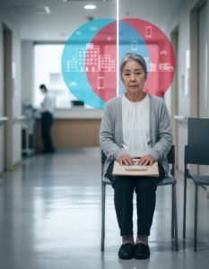 病院の待合で書類を抱える高齢女性。対面外来とデジタルフォローの分岐を示すアイコン