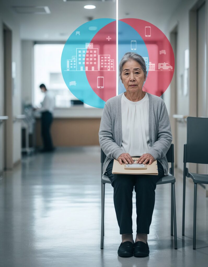 病院の待合で書類を抱える高齢女性。対面外来とデジタルフォローの分岐を示すアイコン