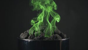 サウナストーブ上の黒い石から立ち上る緑色の蒸気のイメージ。デトックス神話や健康エビデンスの象徴としての「ととのう」を示唆