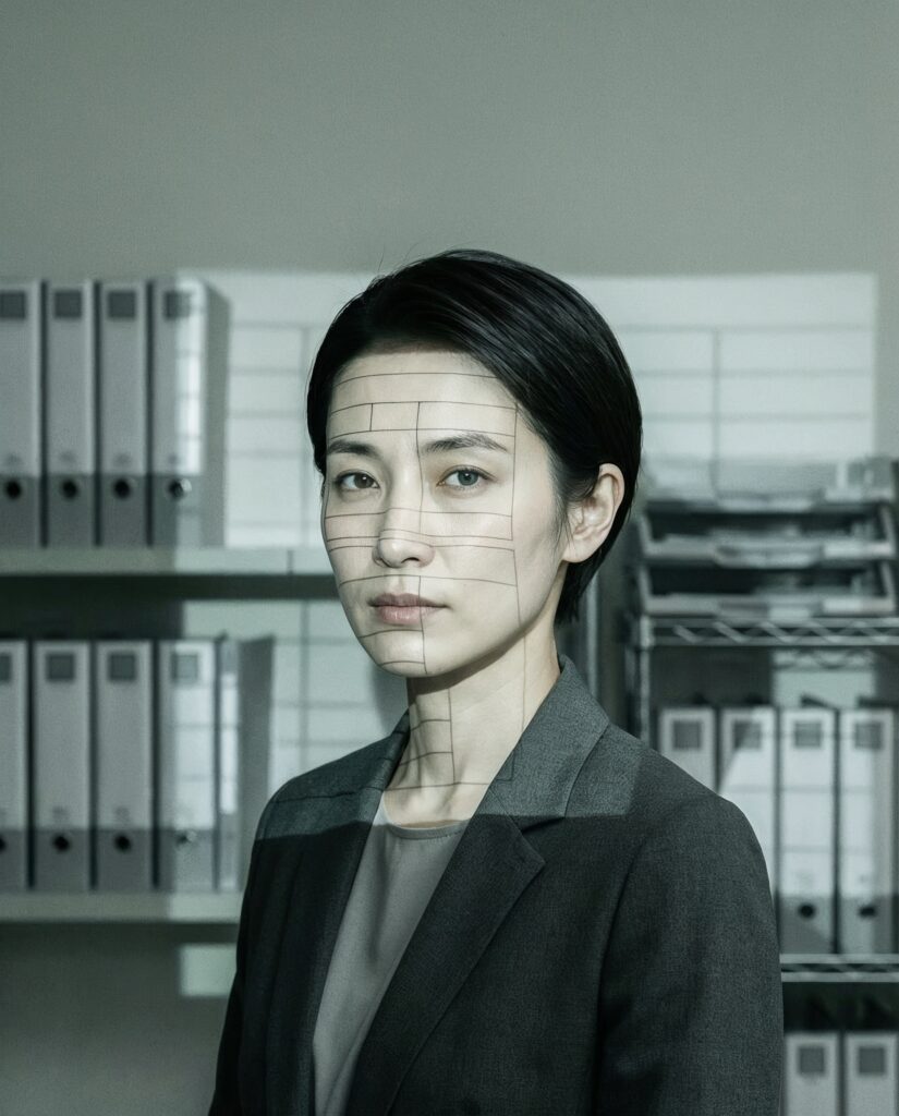 オフィスの棚を背にしたスーツ姿の女性の顔に、書類のフォーマットや分類表を思わせる格子状の線が正面から投影されている。困りごとそのものより先に「きちんと分類する安心」が優先され、人がADHDなどのカテゴリとして事務的に整理されていくプロセスを、事務様式が顔に転写される比喩として表現している。