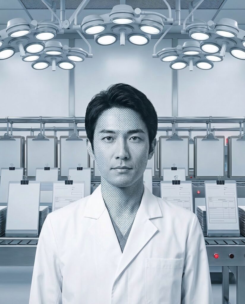 診療計画書が整然と並ぶ無機質な診察室で正面を見つめる日本人医師のポートレート。標準化された臨床業務と、日本の医者像に結びついた「偉さ」のイメージのギャップを象徴的に示す